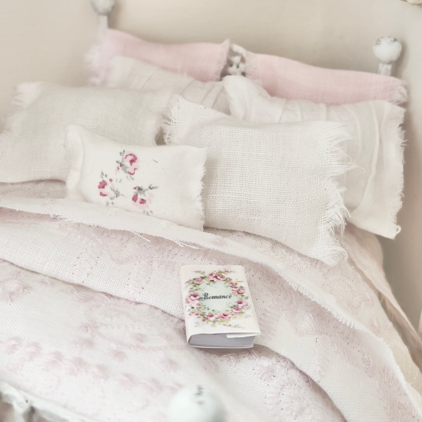 Dressed 1:12 Scale Bed | White and Pink Embroidered Linen| Pink Embrace