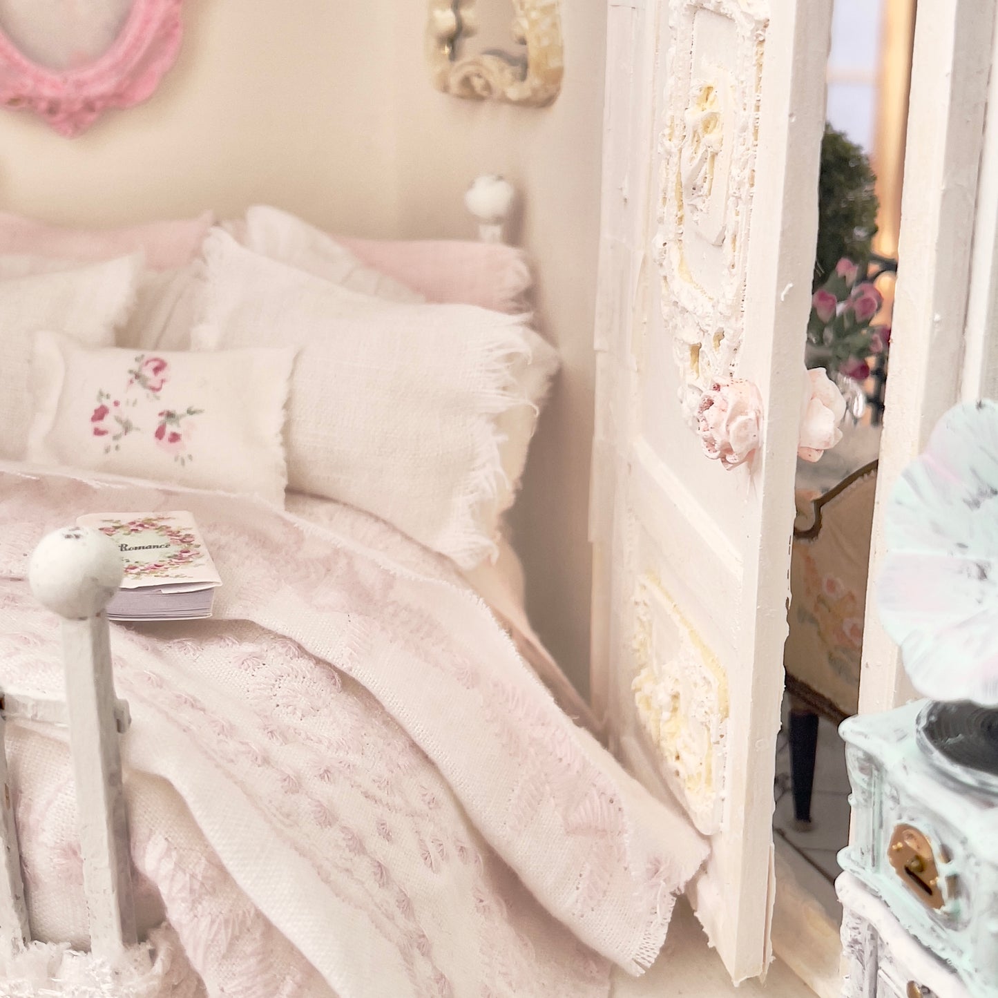 Dressed 1:12 Scale Bed | White and Pink Embroidered Linen| Pink Embrace