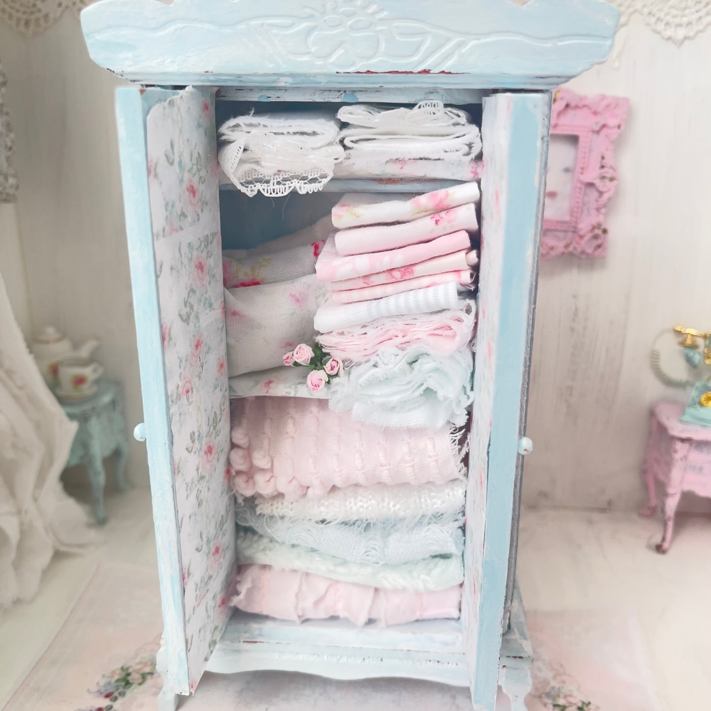 Armoire| Wooden Pale Blue Distressed with Linens| Painted Petals Furniture