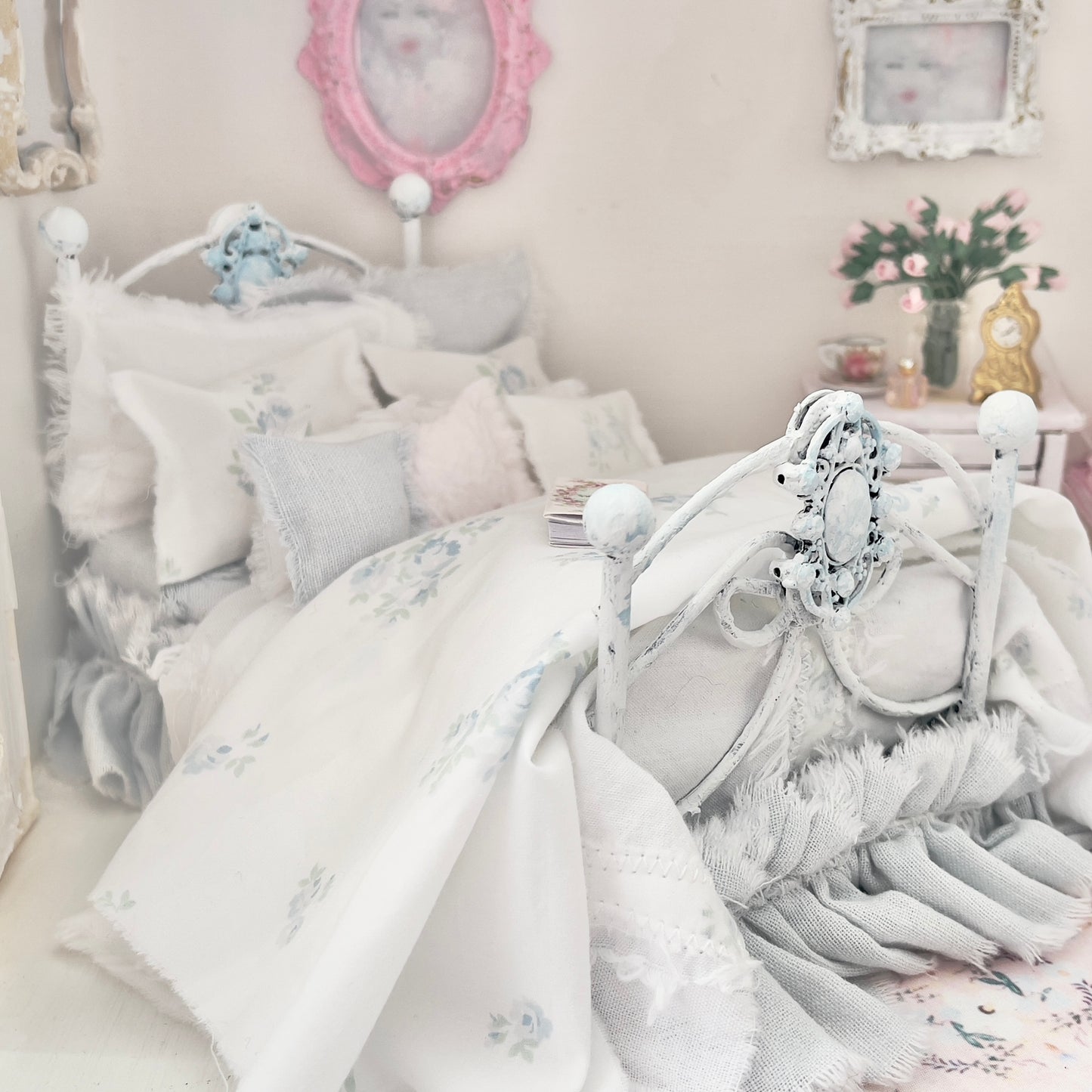 Dressed 1:12 Scale Bed | Pale Blue and White Linen/ Cotton with Blue Roses| Blue Rose Fringe