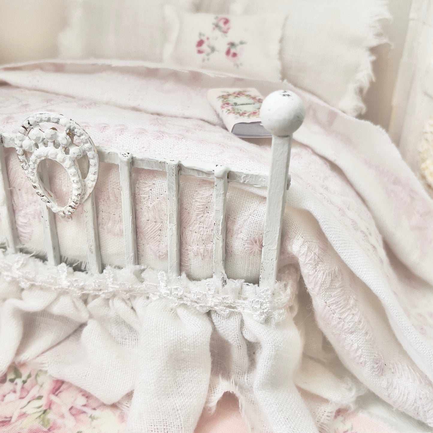 Dressed 1:12 Scale Bed | White and Pink Embroidered Linen| Pink Embrace
