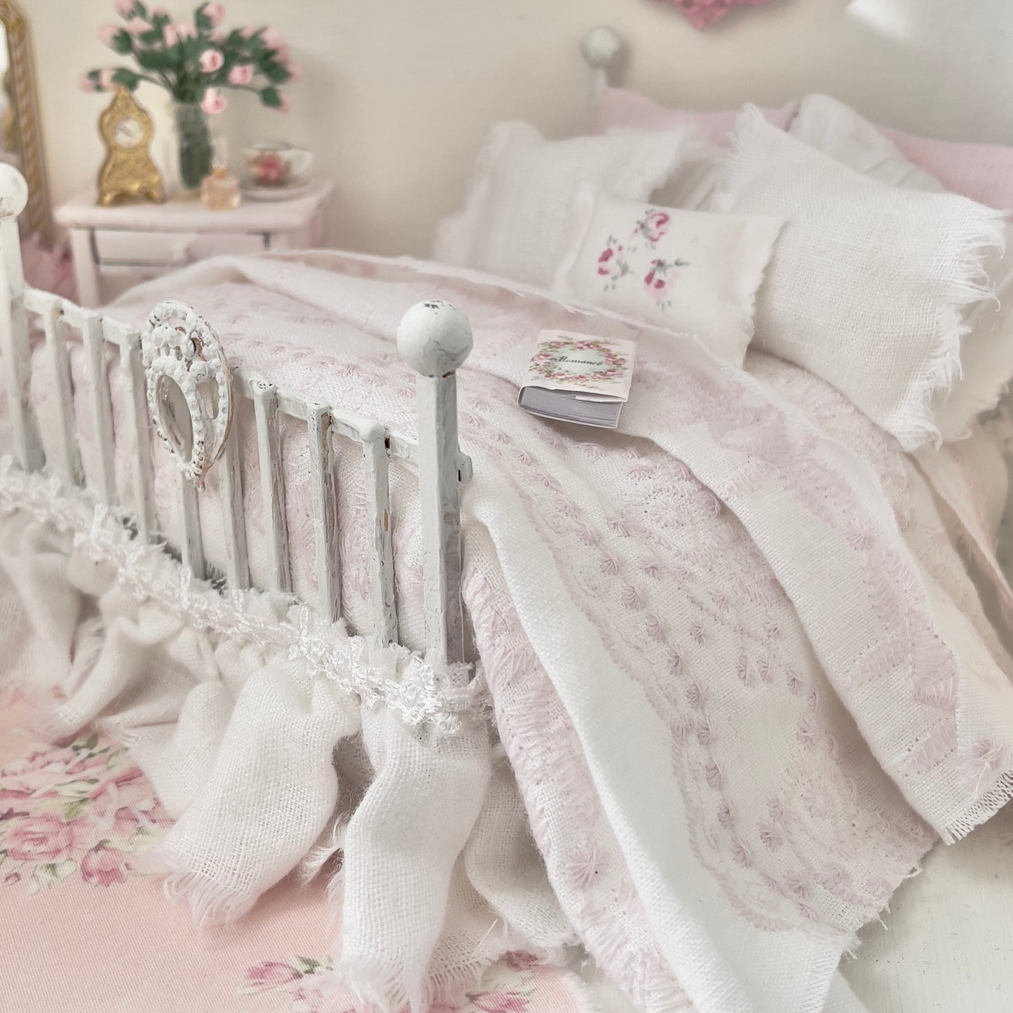 Dressed 1:12 Scale Bed | White and Pink Embroidered Linen| Pink Embrace