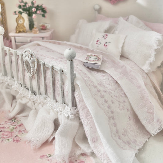 Dressed 1:12 Scale Bed | White and Pink Embroidered Linen| Pink Embrace