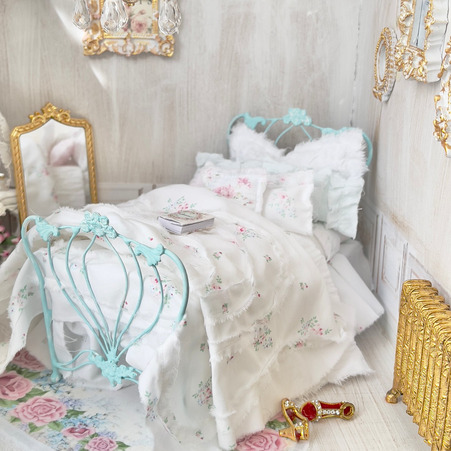 Dressed 1:12 Scale Bed |Robin Egg Blue Metal Bed with Petite Shabby Floral Bedspread| Ribboned Romance