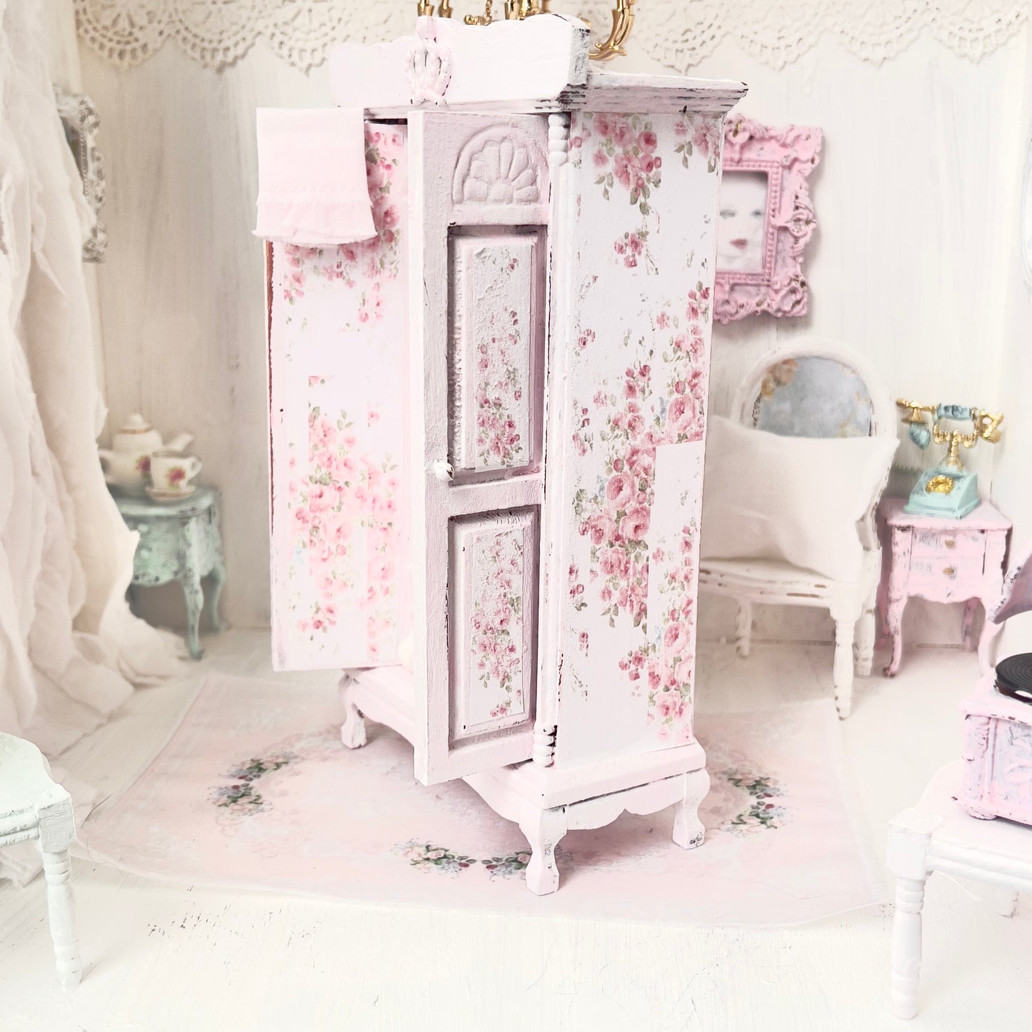 Armoire | Wooden Shabby Pink Distressed with Linens| Painted Petals Furniture