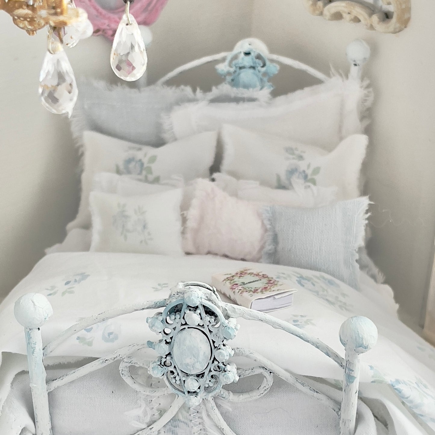 Dressed 1:12 Scale Bed | Pale Blue and White Linen/ Cotton with Blue Roses| Blue Rose Fringe