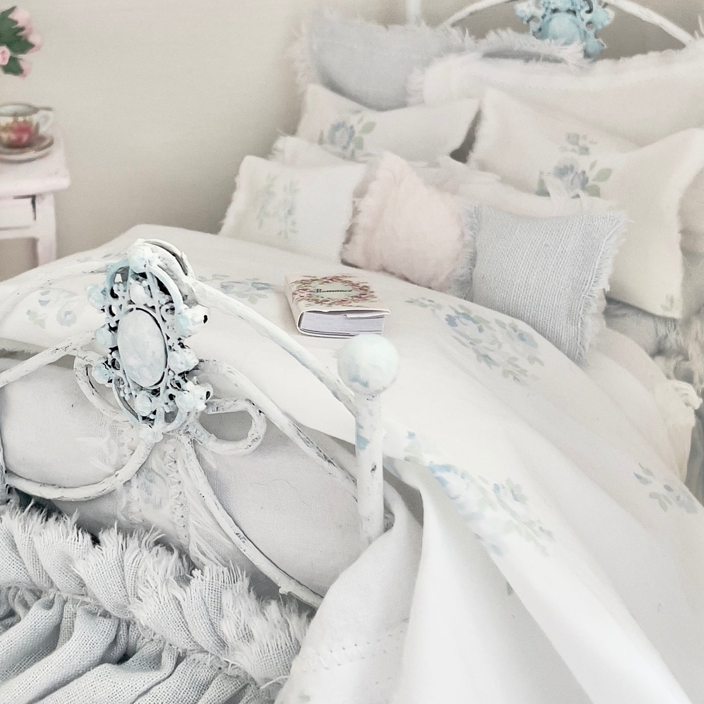 Dressed 1:12 Scale Bed | Pale Blue and White Linen/ Cotton with Blue Roses| Blue Rose Fringe