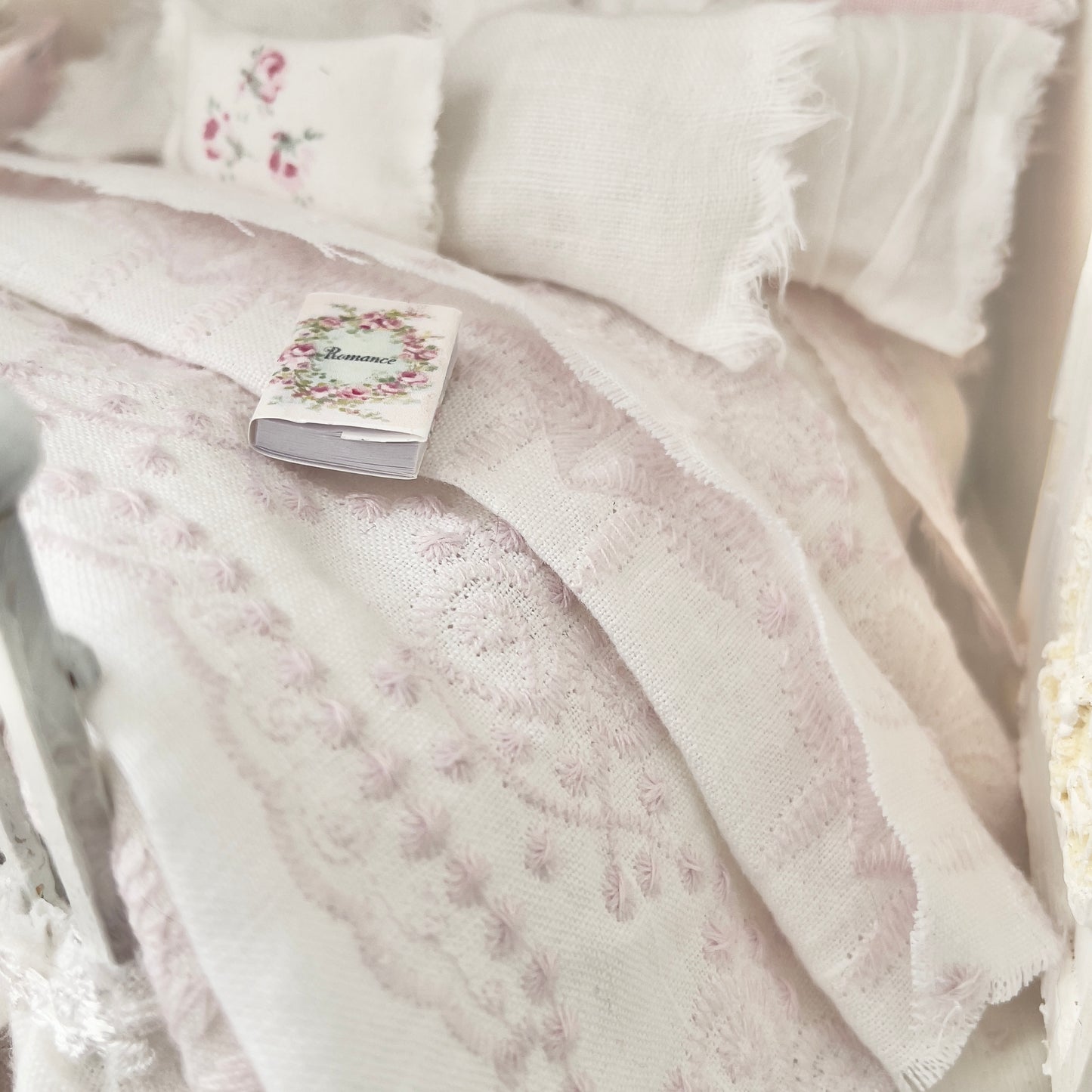 Dressed 1:12 Scale Bed | White and Pink Embroidered Linen| Pink Embrace