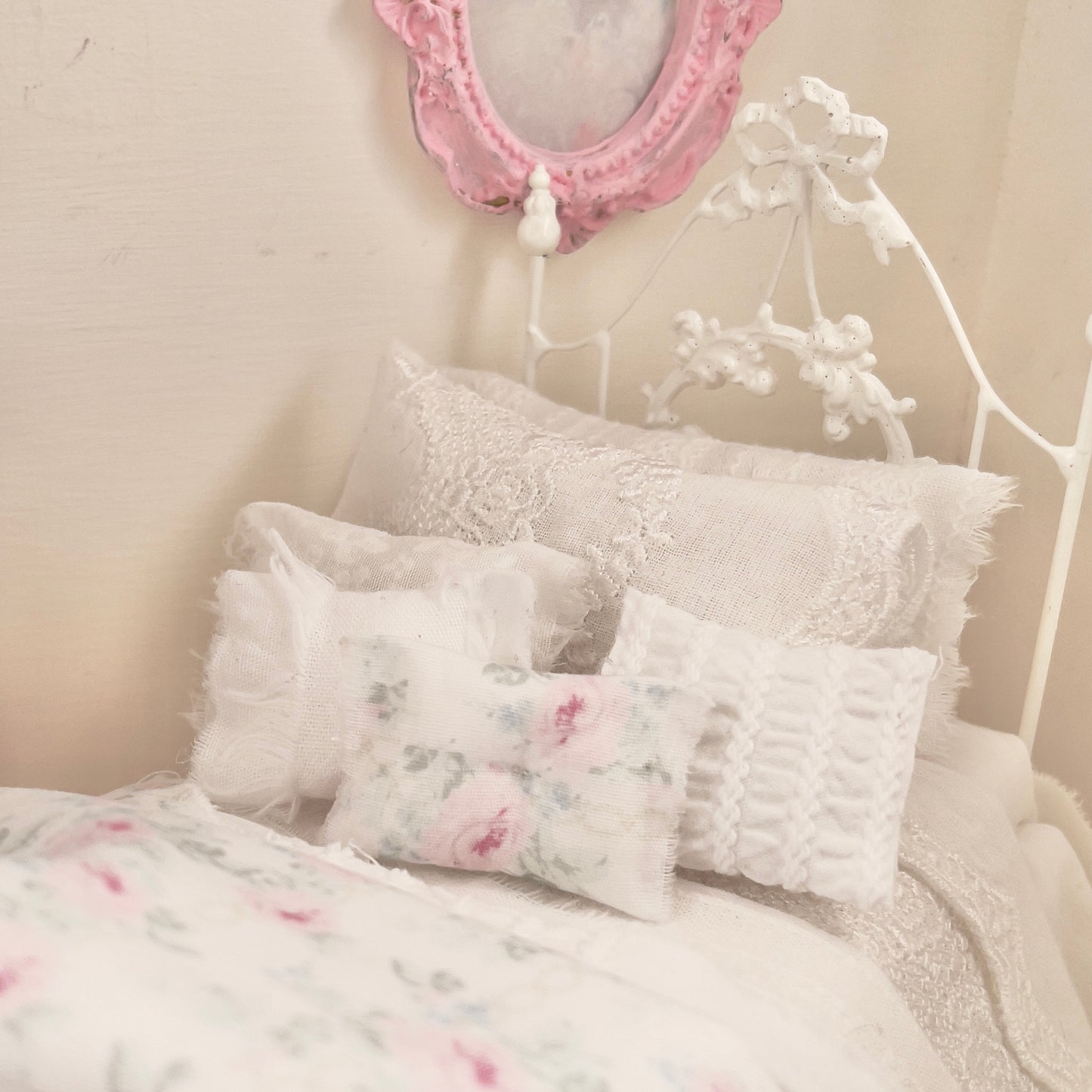 Dressed 1:12 Scale Bed | White Embroidered Cotton with Blue and Pink Shabby |Embroidered Rose
