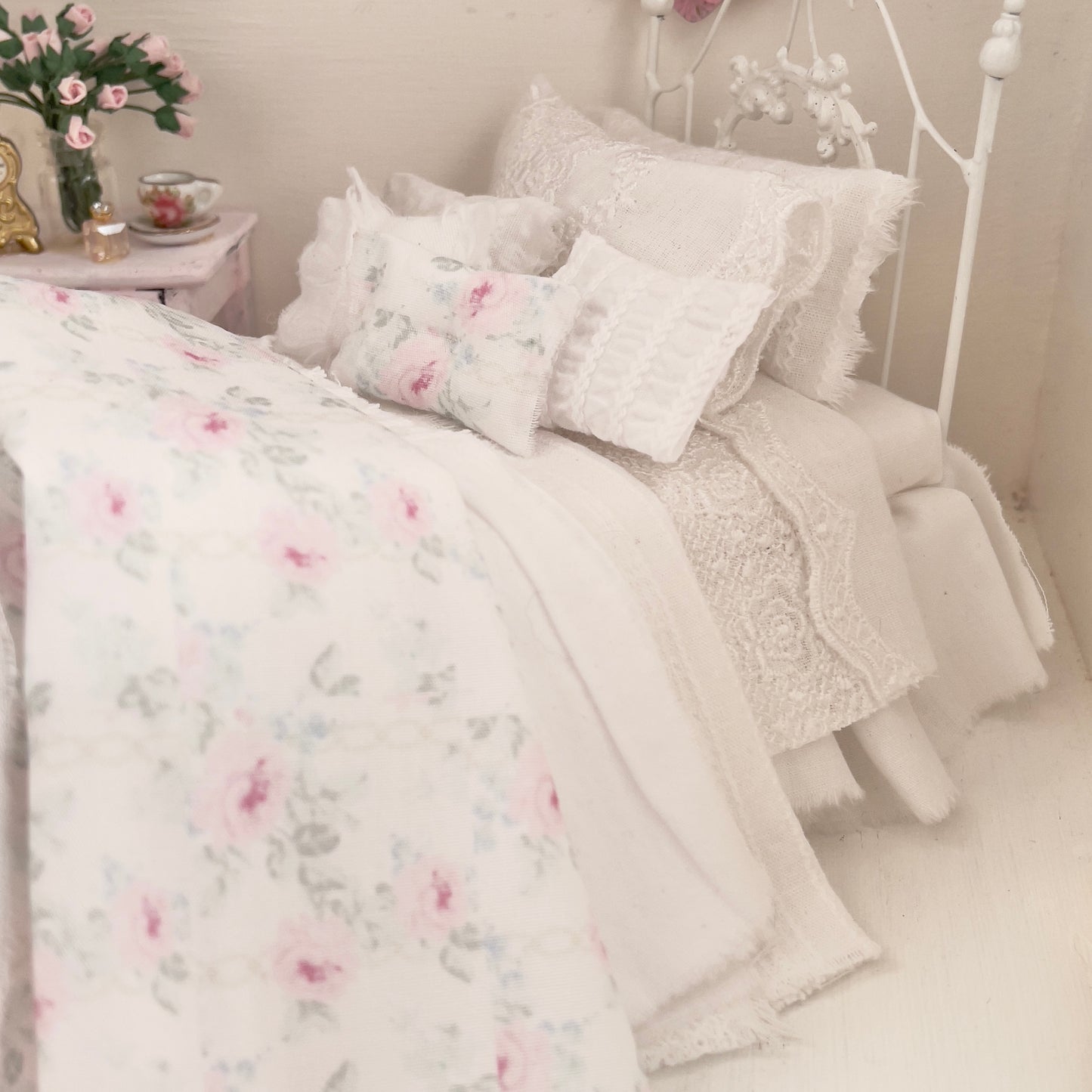 Dressed 1:12 Scale Bed | White Embroidered Cotton with Blue and Pink Shabby |Embroidered Rose
