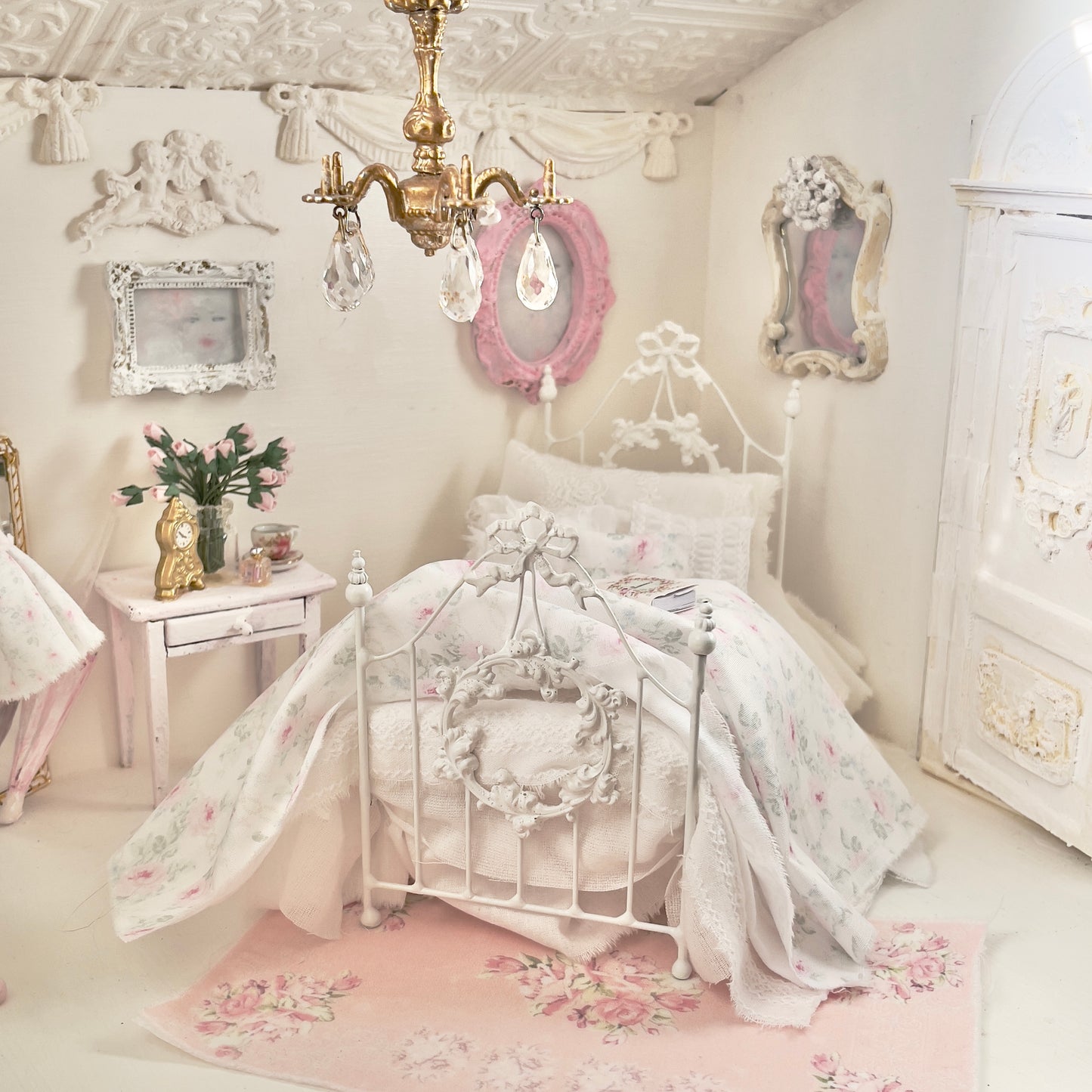 Dressed 1:12 Scale Bed | White Embroidered Cotton with Blue and Pink Shabby |Embroidered Rose