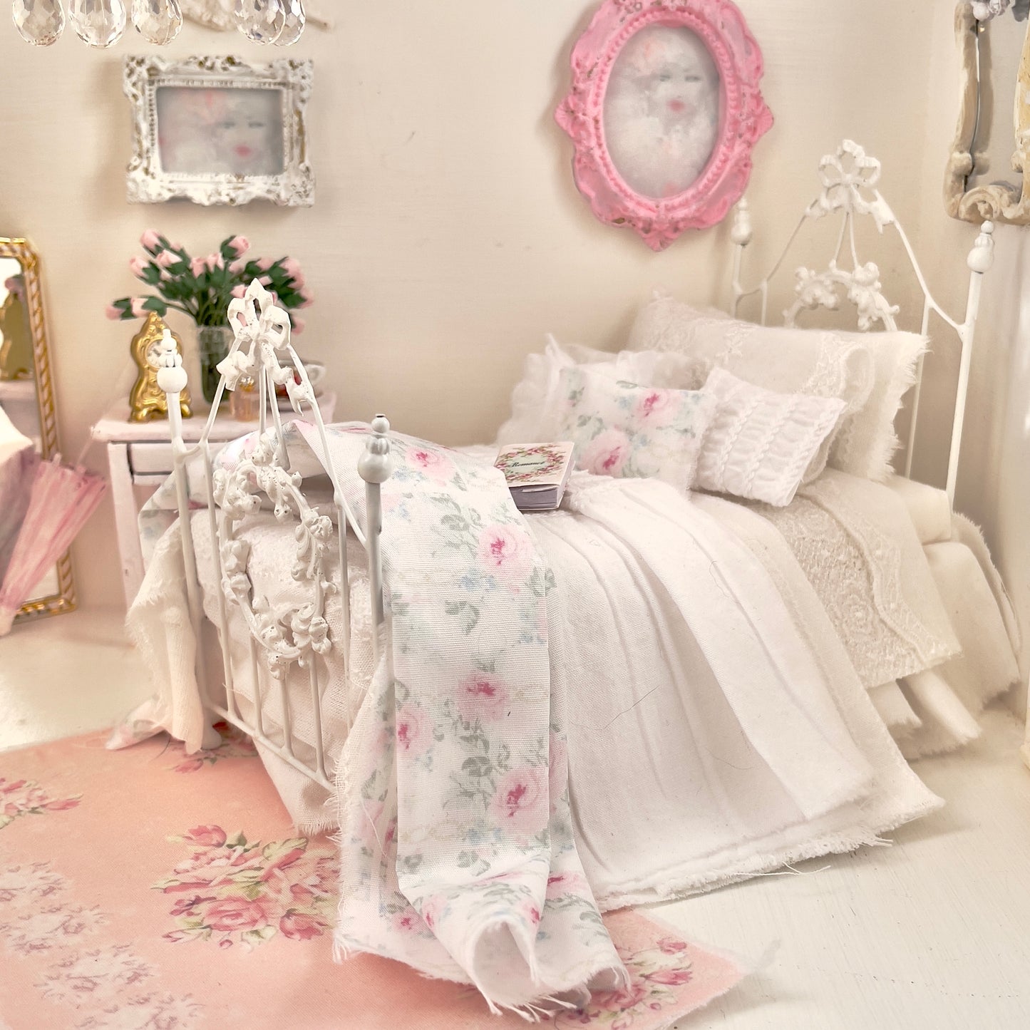 Dressed 1:12 Scale Bed | White Embroidered Cotton with Blue and Pink Shabby |Embroidered Rose