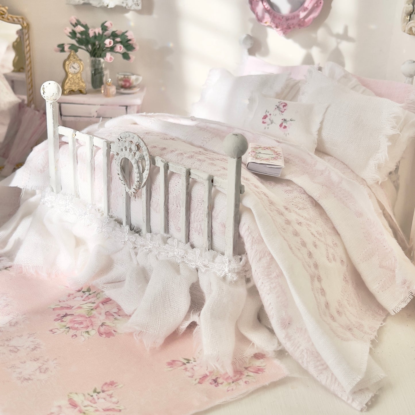 Dressed 1:12 Scale Bed | White and Pink Embroidered Linen| Pink Embrace