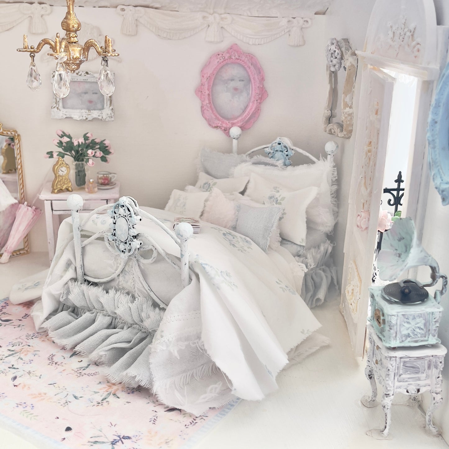 Dressed 1:12 Scale Bed | Pale Blue and White Linen/ Cotton with Blue Roses| Blue Rose Fringe