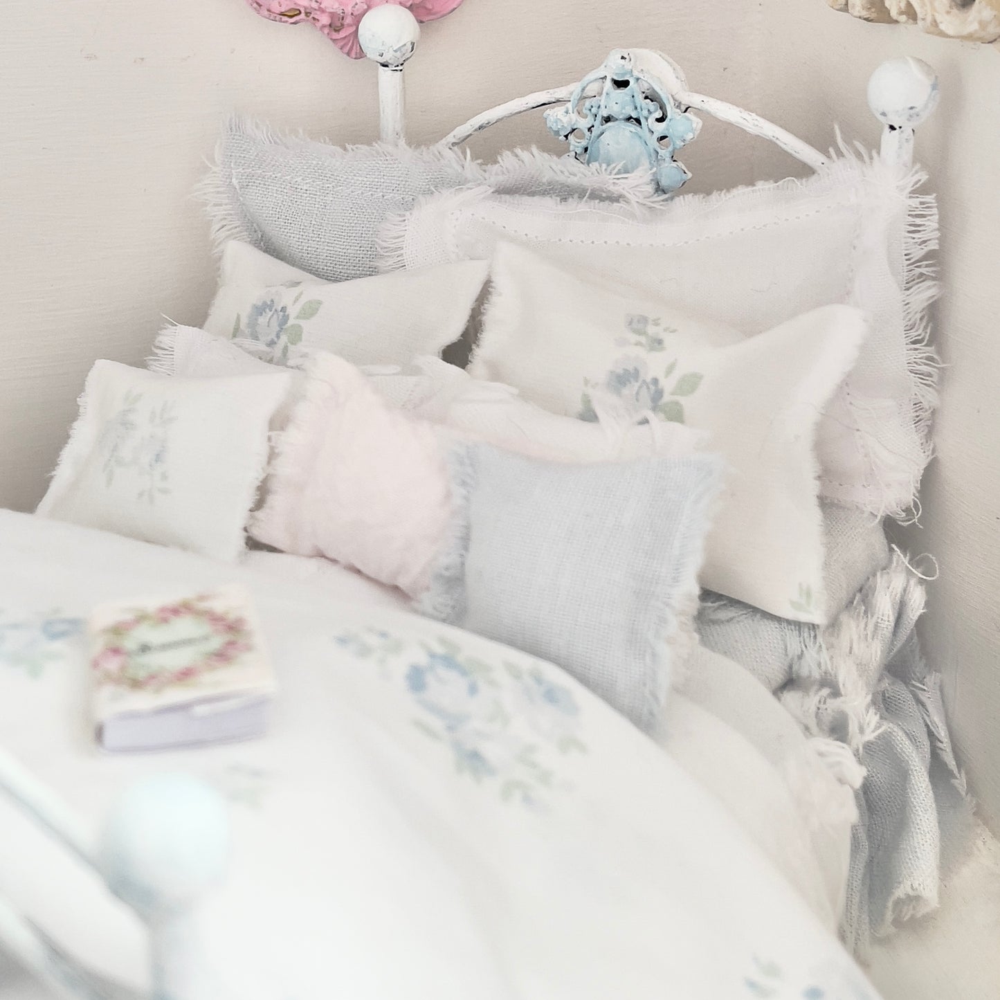 Dressed 1:12 Scale Bed | Pale Blue and White Linen/ Cotton with Blue Roses| Blue Rose Fringe