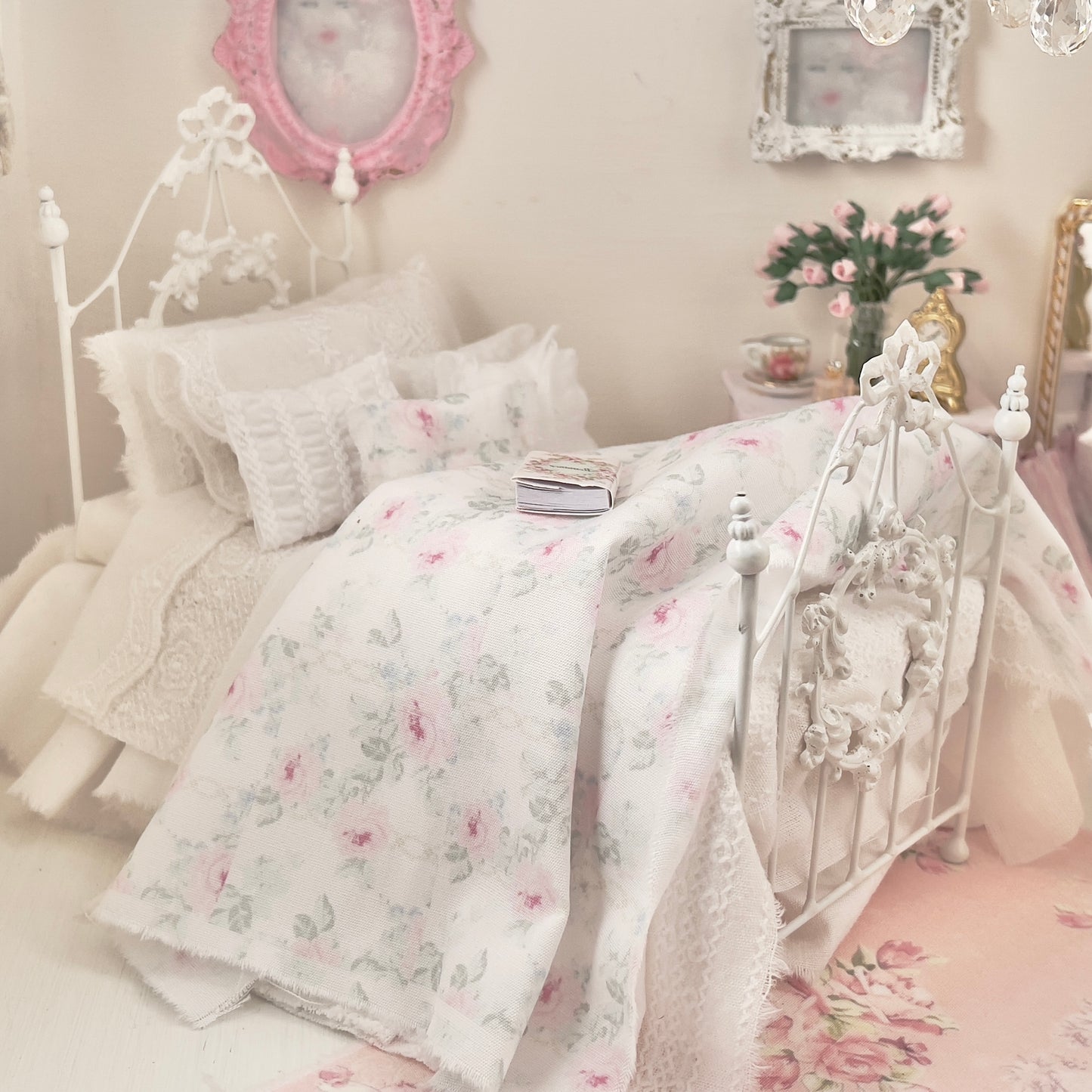 Dressed 1:12 Scale Bed | White Embroidered Cotton with Blue and Pink Shabby |Embroidered Rose