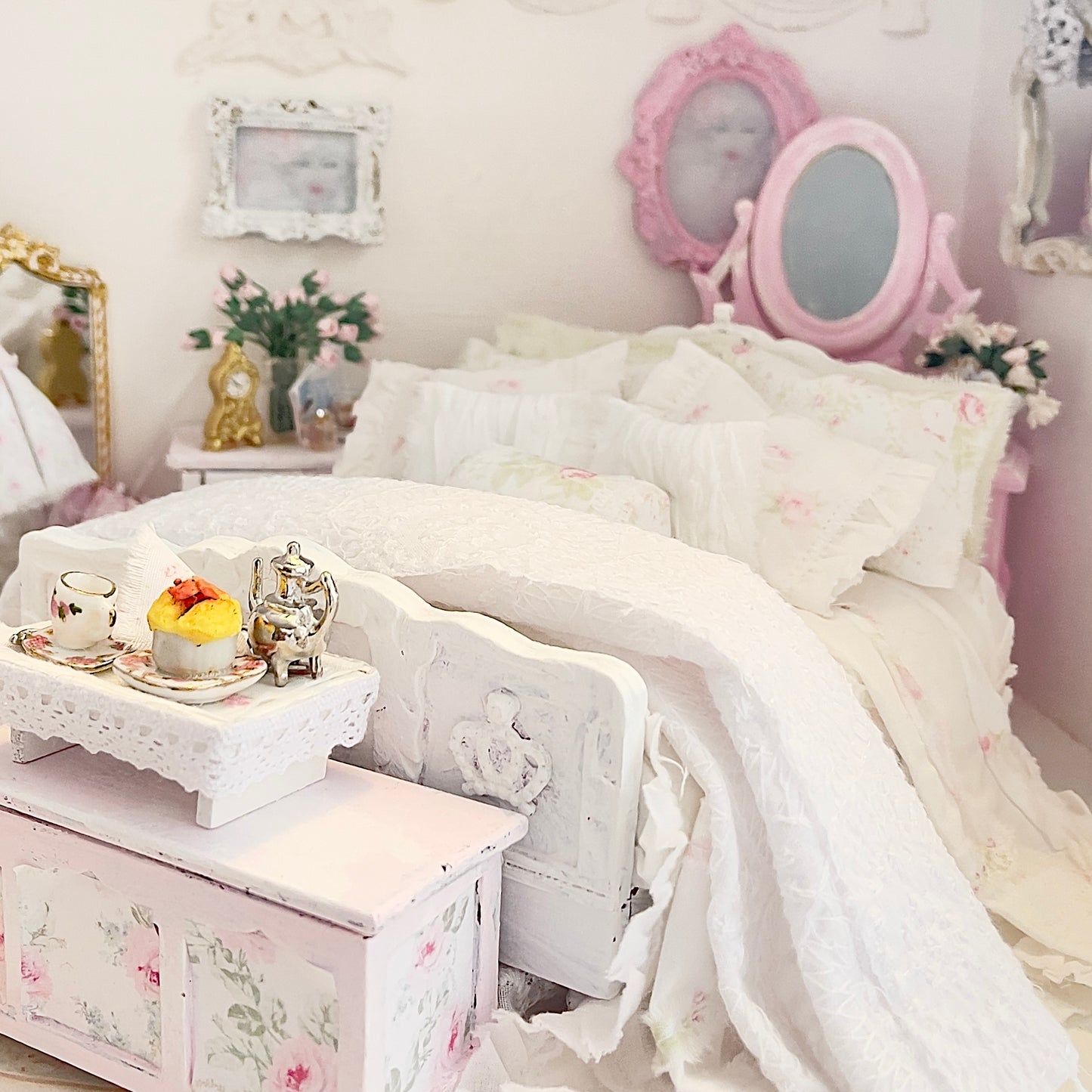 1:12 Scale Dressed Dollhouse Bed with Breakfast Tray- Twining Roses |Chantallena