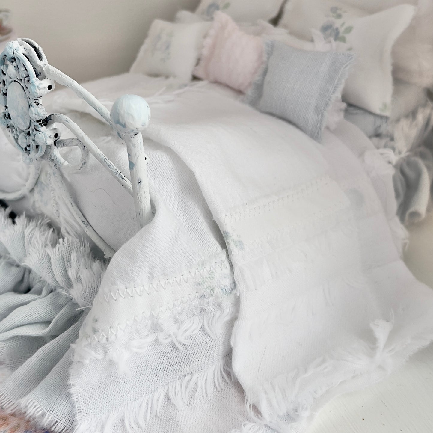 Dressed 1:12 Scale Bed | Pale Blue and White Linen/ Cotton with Blue Roses| Blue Rose Fringe