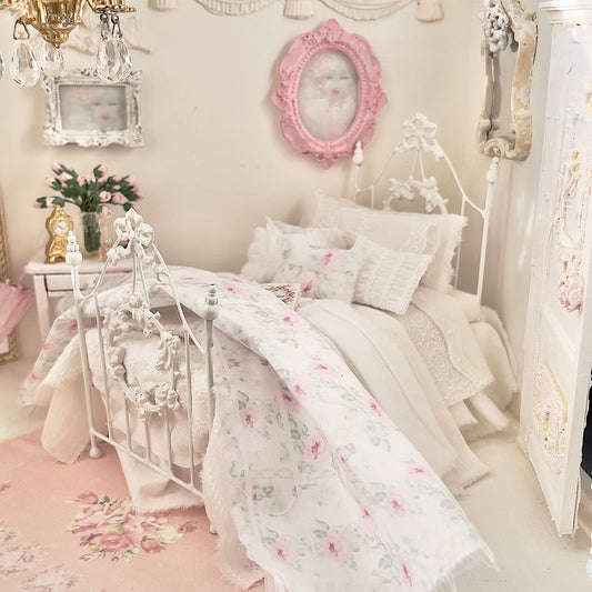 Dressed 1:12 Scale Bed | White Embroidered Cotton with Blue and Pink Shabby |Embroidered Rose