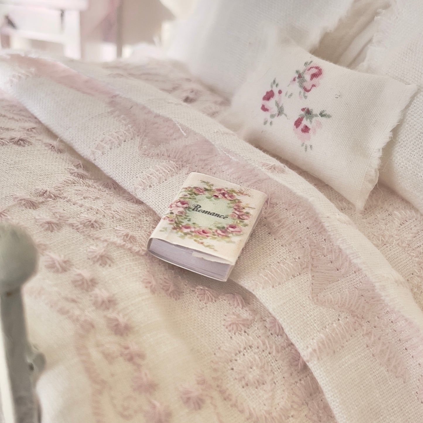 Dressed 1:12 Scale Bed | White and Pink Embroidered Linen| Pink Embrace