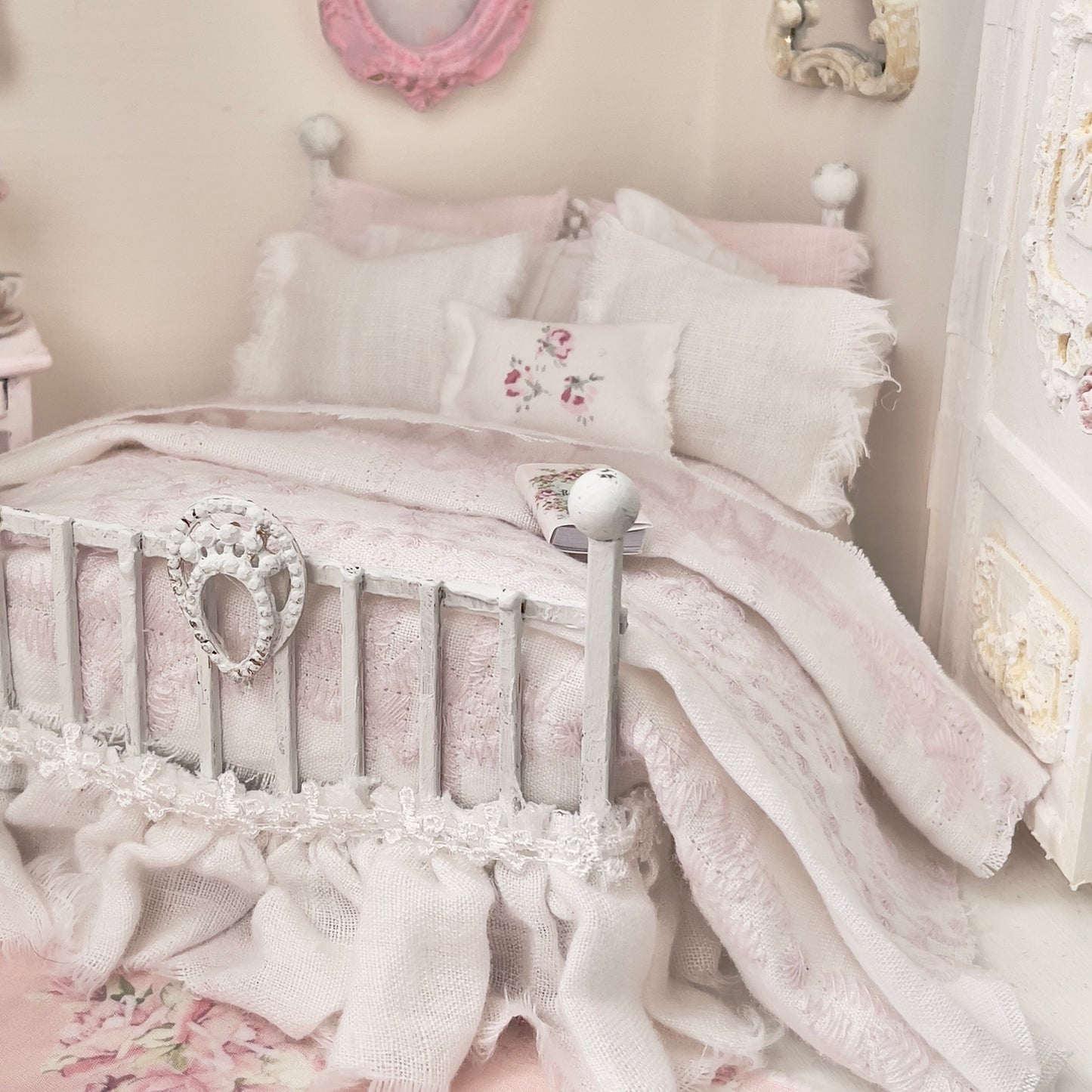 Dressed 1:12 Scale Bed | White and Pink Embroidered Linen| Pink Embrace