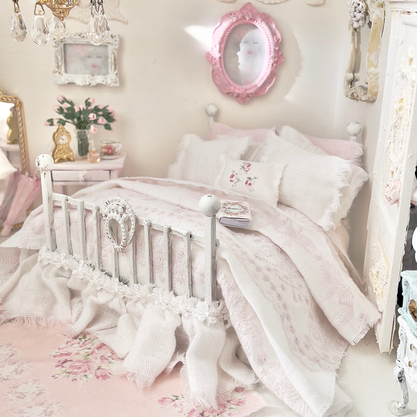 Dressed 1:12 Scale Bed | White and Pink Embroidered Linen| Pink Embrace