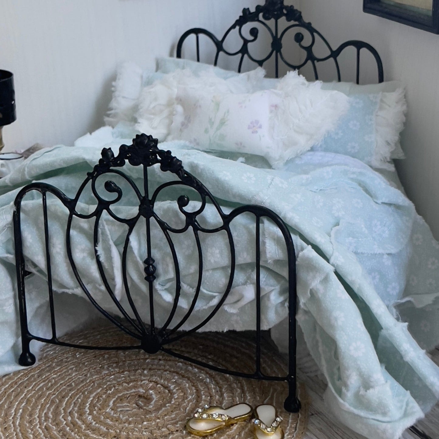 Chantallena bedding (Copy) Vintage View | Seven Piece Muslin 1:12 Scale Bedding Set with Paris Pillow, Crochet and Chenille Throw | Lucie