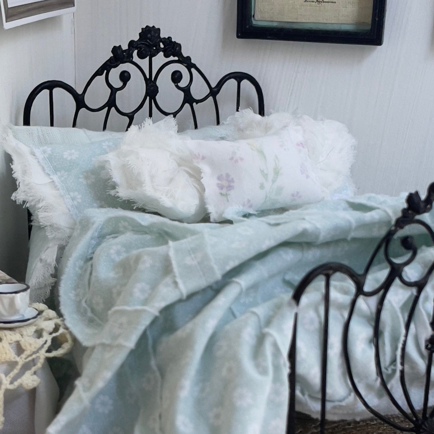 Chantallena bedding (Copy) Vintage View | Seven Piece Muslin 1:12 Scale Bedding Set with Paris Pillow, Crochet and Chenille Throw | Lucie