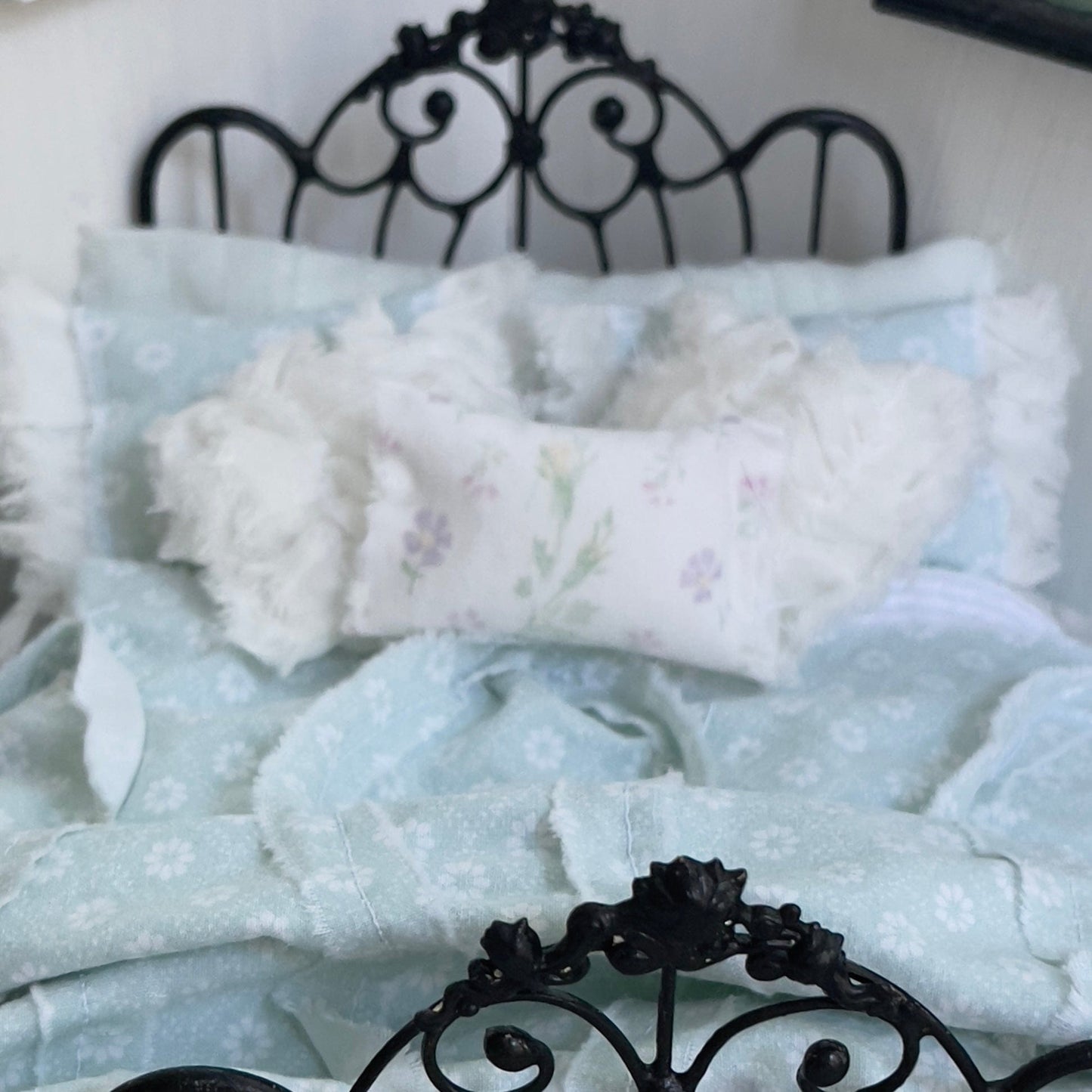Chantallena bedding (Copy) Vintage View | Seven Piece Muslin 1:12 Scale Bedding Set with Paris Pillow, Crochet and Chenille Throw | Lucie