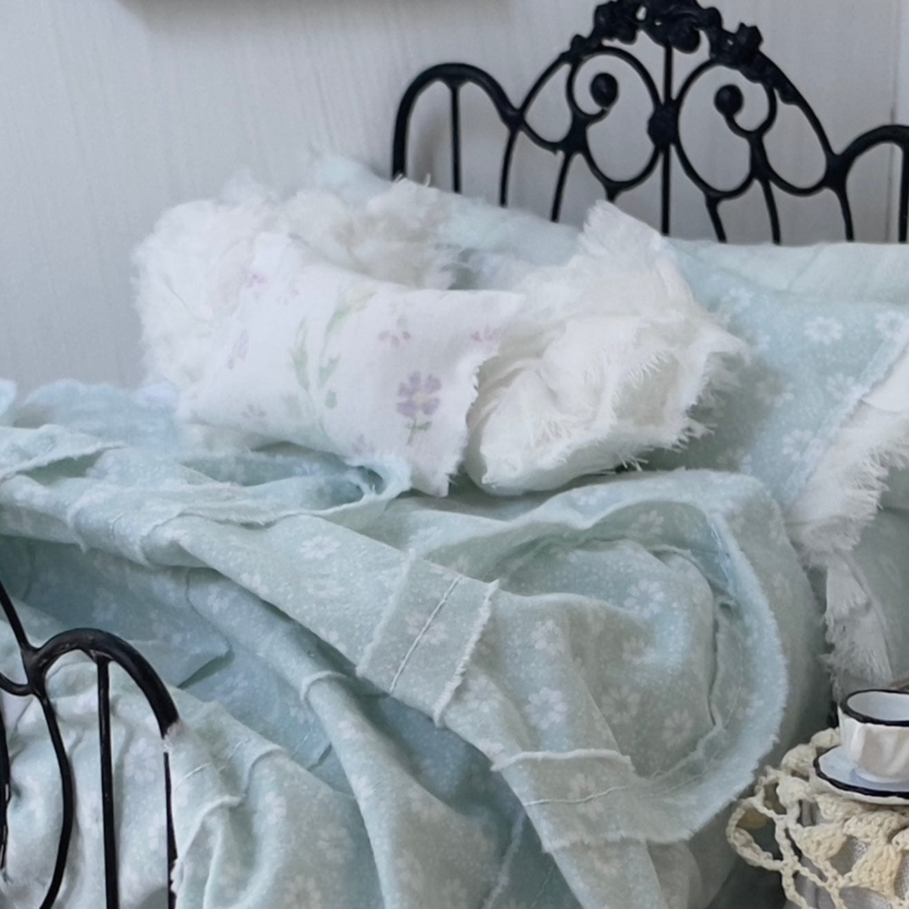 Chantallena bedding (Copy) Vintage View | Seven Piece Muslin 1:12 Scale Bedding Set with Paris Pillow, Crochet and Chenille Throw | Lucie