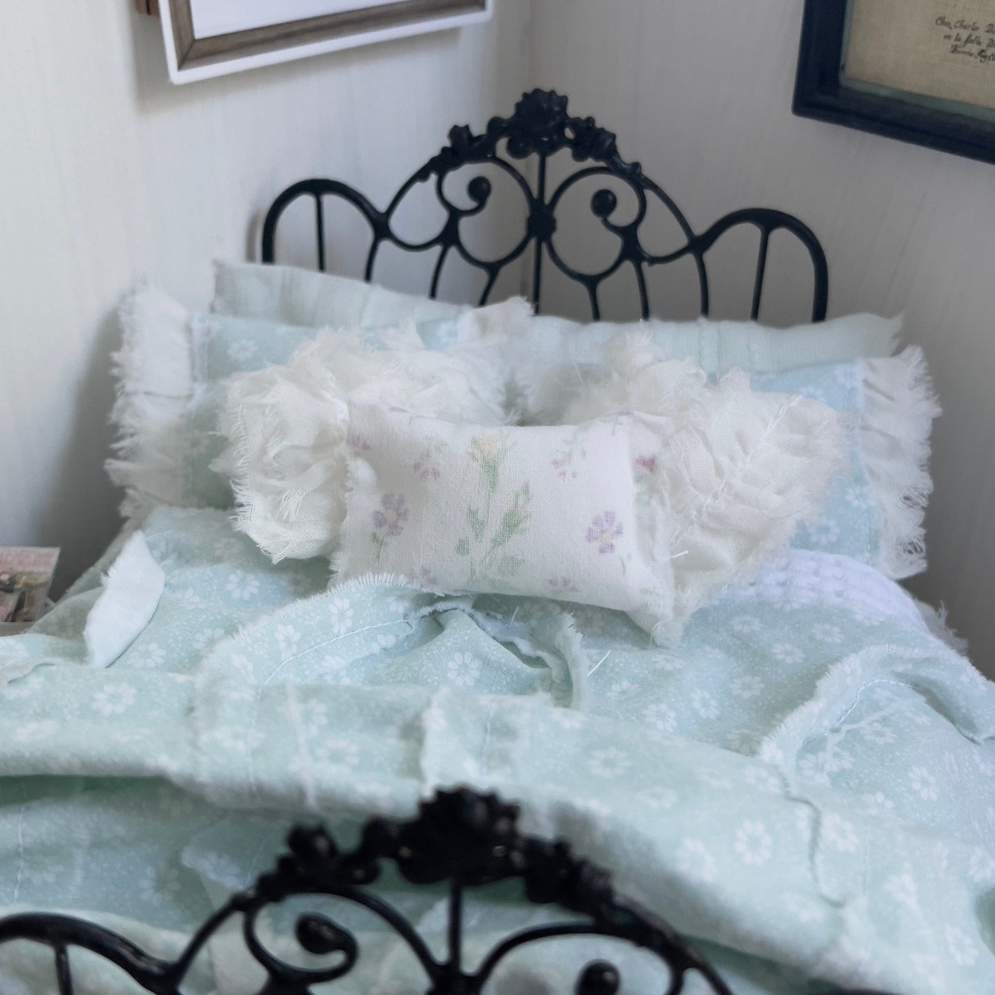 Chantallena bedding (Copy) Vintage View | Seven Piece Muslin 1:12 Scale Bedding Set with Paris Pillow, Crochet and Chenille Throw | Lucie