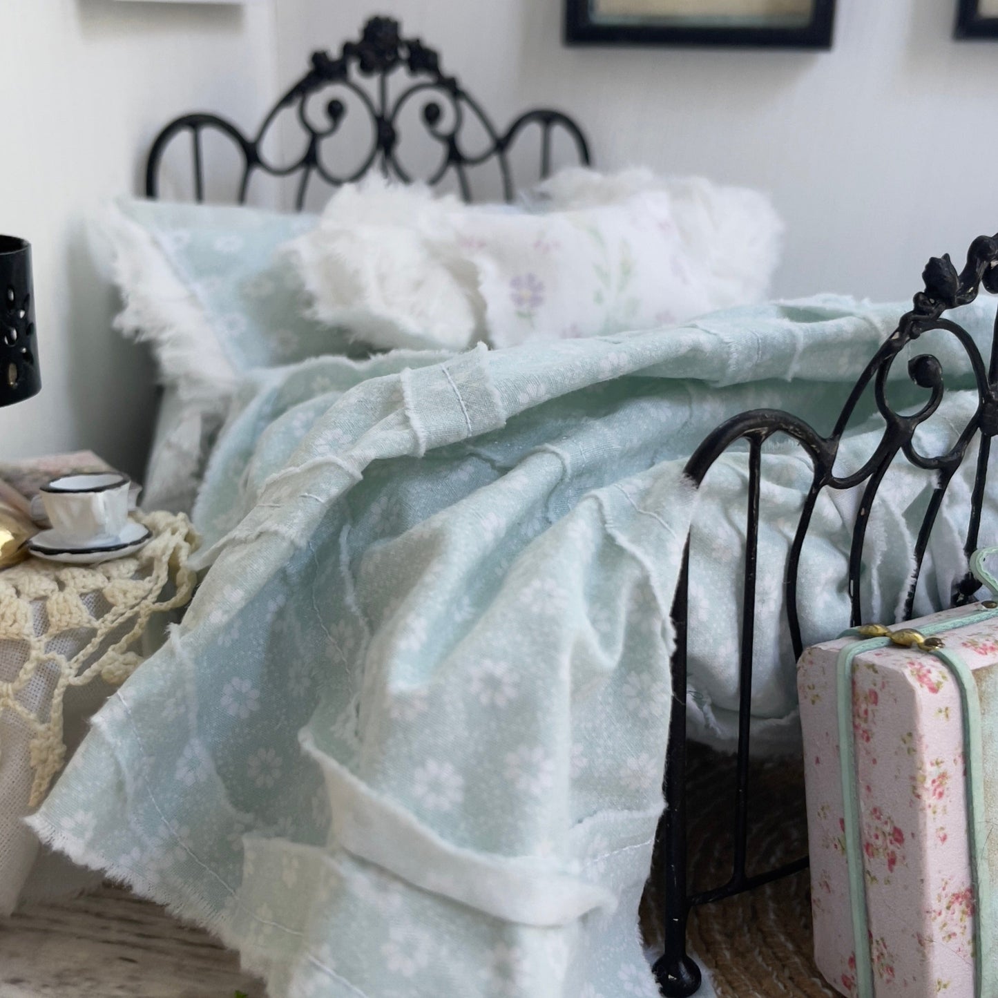 Chantallena bedding (Copy) Vintage View | Seven Piece Muslin 1:12 Scale Bedding Set with Paris Pillow, Crochet and Chenille Throw | Lucie
