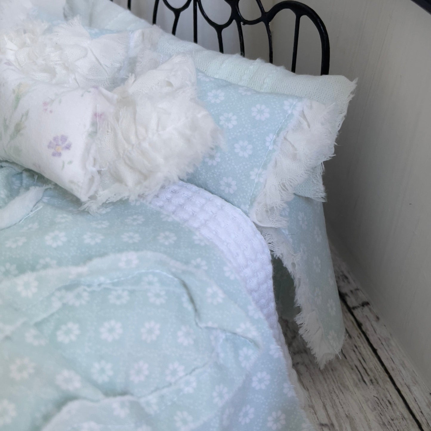 Chantallena bedding (Copy) Vintage View | Seven Piece Muslin 1:12 Scale Bedding Set with Paris Pillow, Crochet and Chenille Throw | Lucie