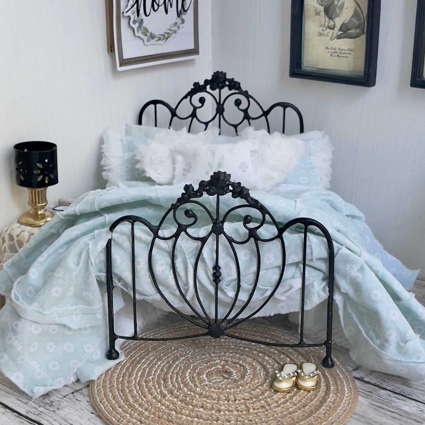 Chantallena bedding (Copy) Vintage View | Seven Piece Muslin 1:12 Scale Bedding Set with Paris Pillow, Crochet and Chenille Throw | Lucie
