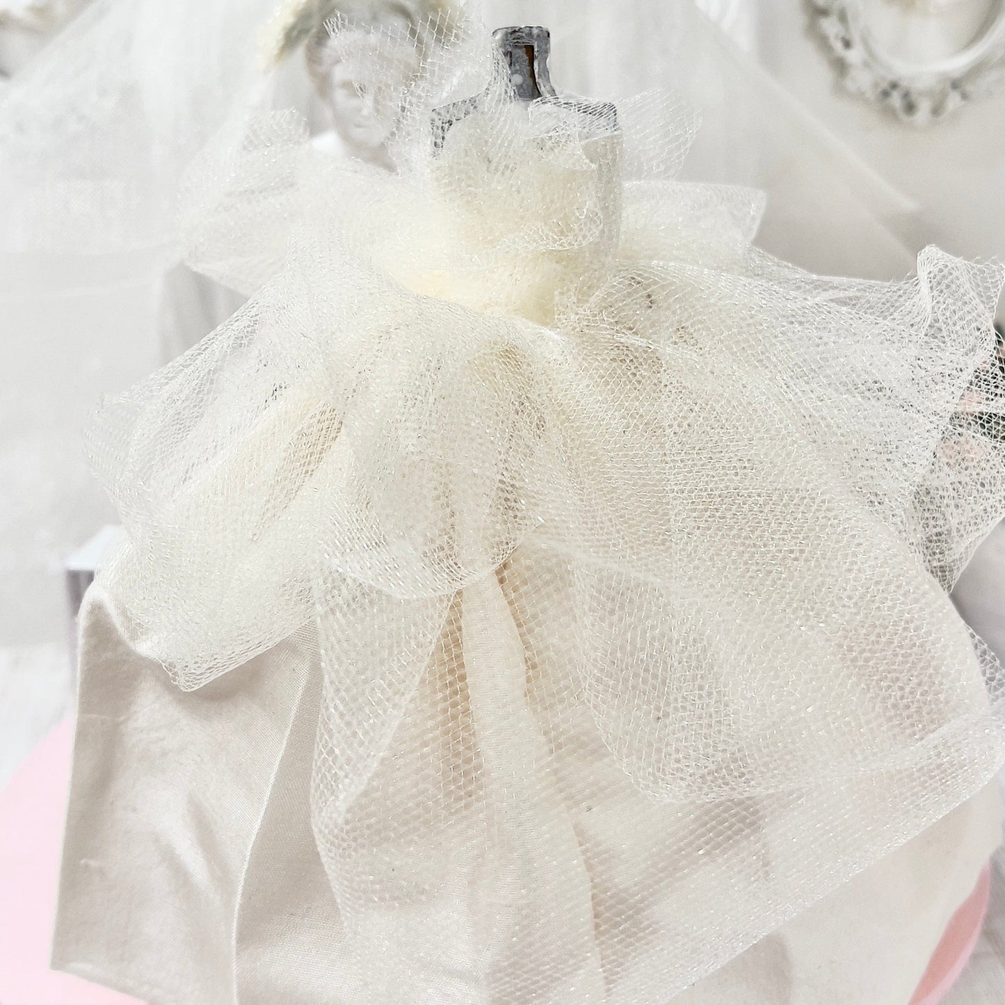 CHANTALLENA Bridal Gown on Dress Form| Becca-Sleeveless Off White Silk Shantung with Tulle Accents|House of Chantalle