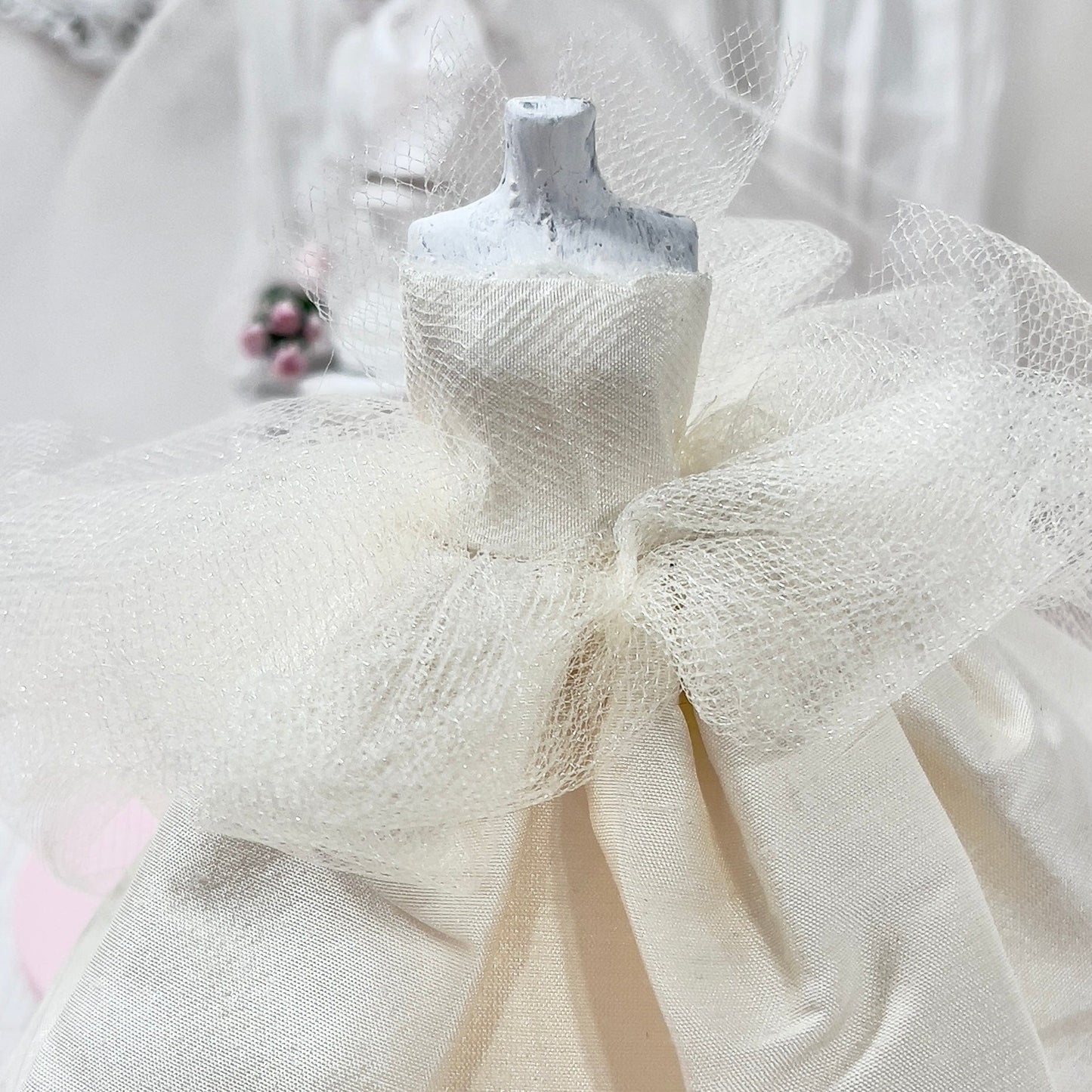 CHANTALLENA Bridal Gown on Dress Form| Becca-Sleeveless Off White Silk Shantung with Tulle Accents|House of Chantalle