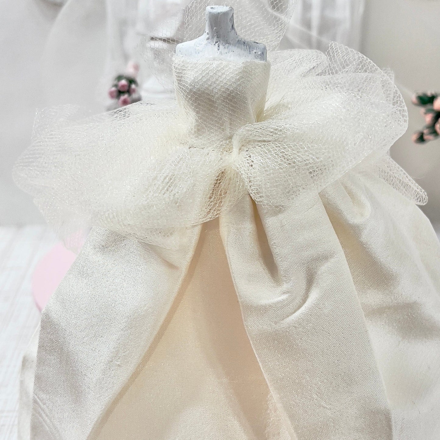 CHANTALLENA Bridal Gown on Dress Form| Becca-Sleeveless Off White Silk Shantung with Tulle Accents|House of Chantalle