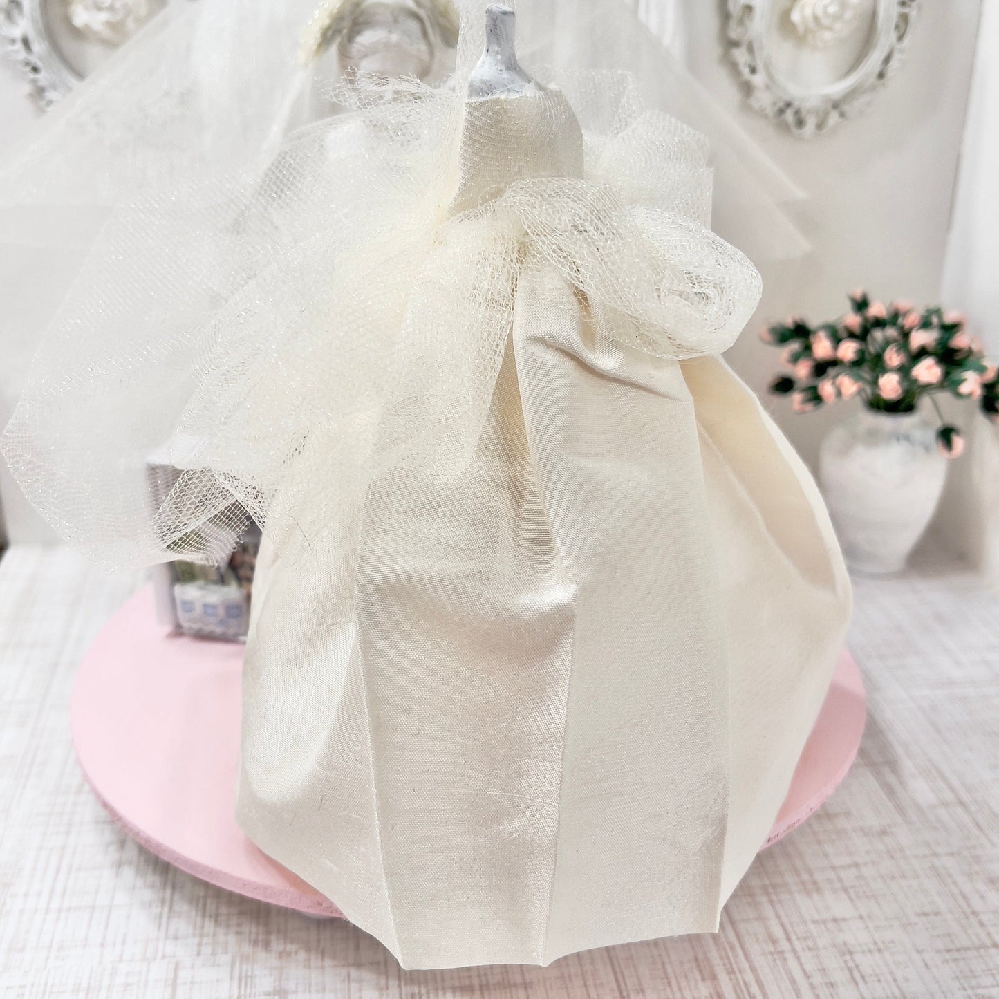 CHANTALLENA Bridal Gown on Dress Form| Becca-Sleeveless Off White Silk Shantung with Tulle Accents|House of Chantalle
