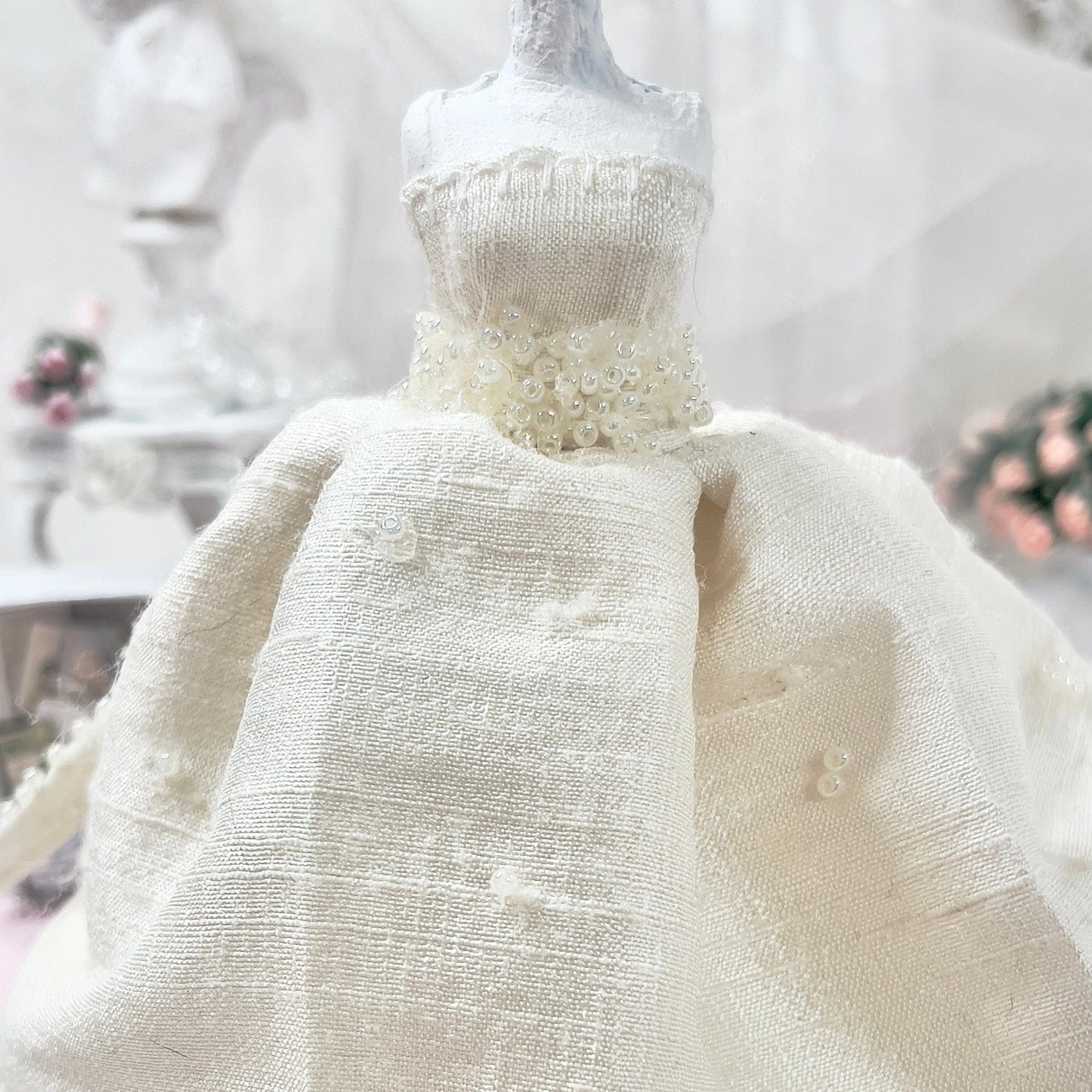 CHANTALLENA Bridal Gown on Dress Form| Blair-Sleeveless Off White Silk Dupioni with Pearl Accents | House of Chantalle