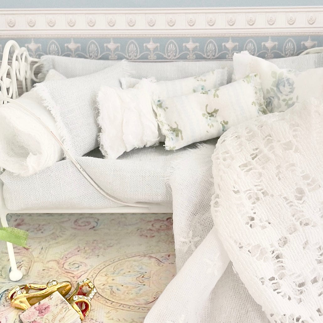Chantallena Doll House Bedding Day Bed Bedding| Pale Blue Linen Blend 1:12 Scale Bedding Set | Blue Rose