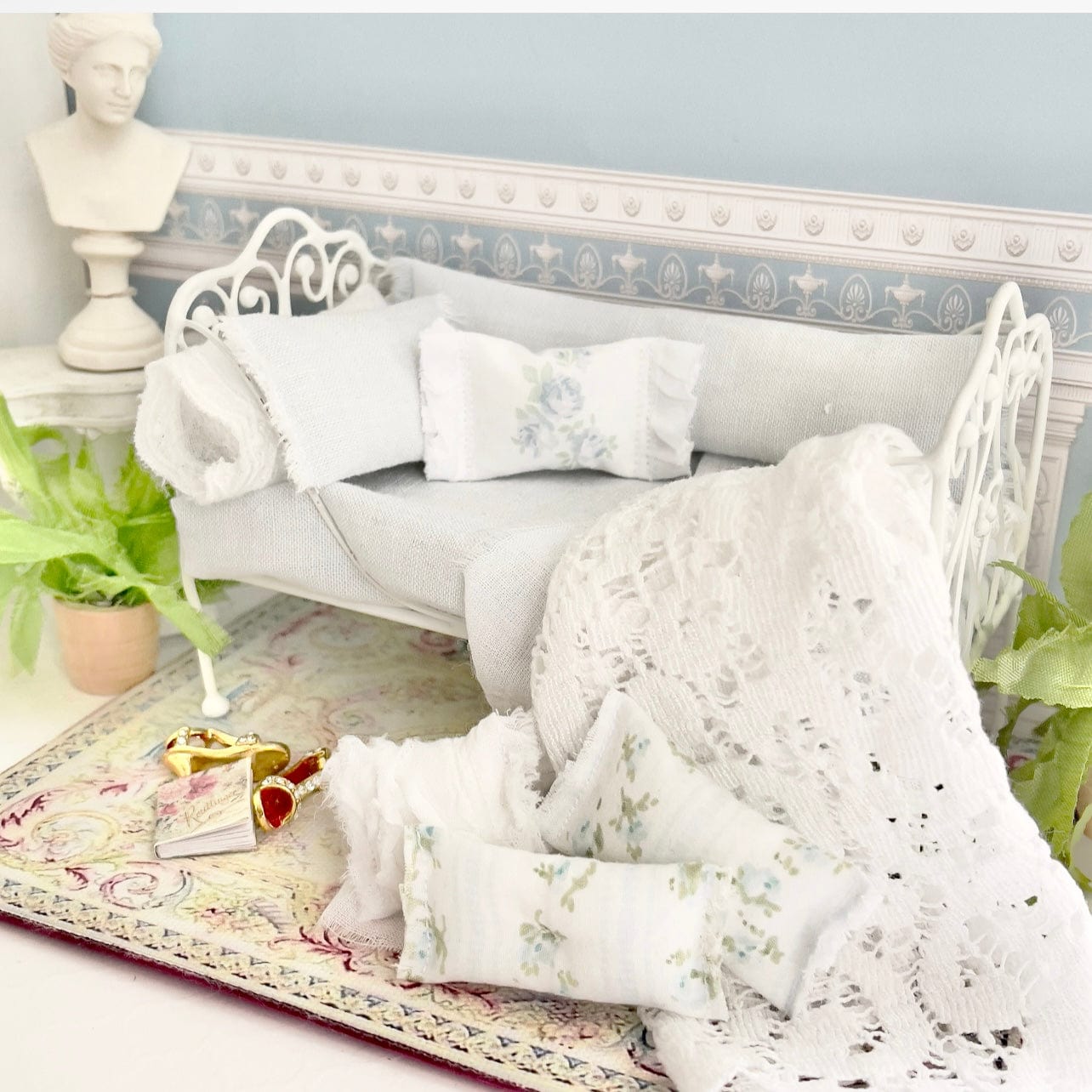 Chantallena Doll House Bedding Day Bed Bedding| Pale Blue Linen Blend 1:12 Scale Bedding Set | Blue Rose