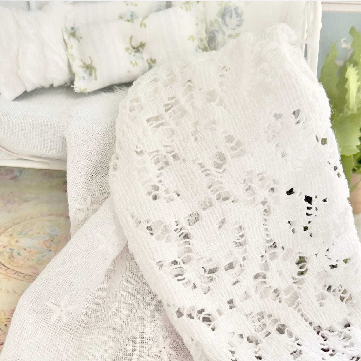 Chantallena Doll House Bedding Day Bed Bedding| Pale Blue Linen Blend 1:12 Scale Bedding Set | Blue Rose