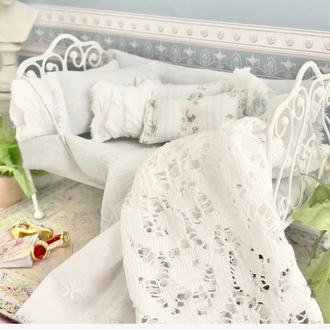 Chantallena Doll House Bedding Day Bed Bedding| Pale Blue Linen Blend 1:12 Scale Bedding Set | Blue Rose