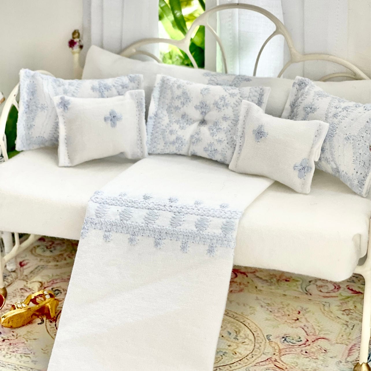 Chantallena Doll House Bedding Day Bed Bedding| Shabby Blue Embroidery on White Cotton 1:12 Scale Dollhouse Set| Blue Embroidered