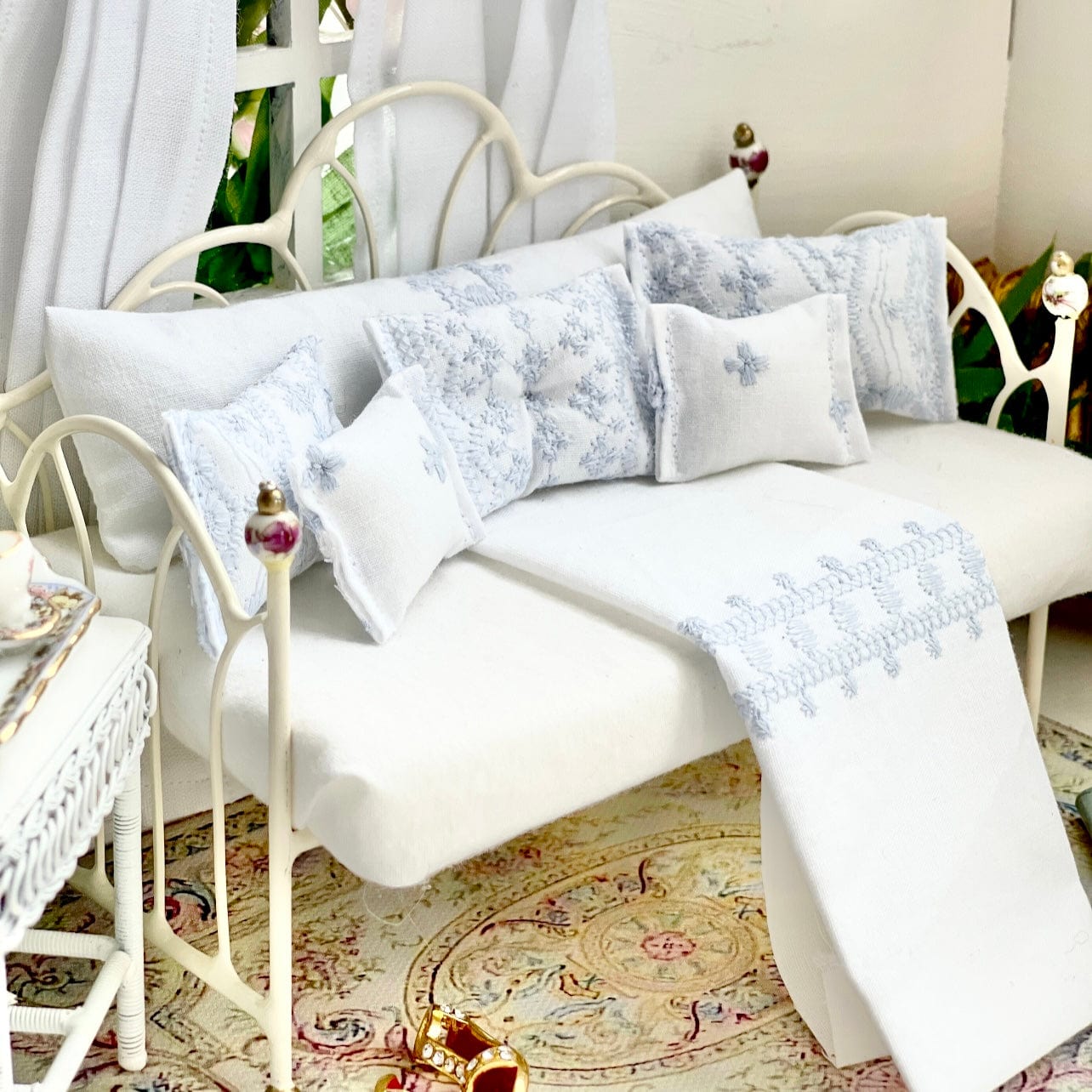 Chantallena Doll House Bedding Day Bed Bedding| Shabby Blue Embroidery on White Cotton 1:12 Scale Dollhouse Set| Blue Embroidered