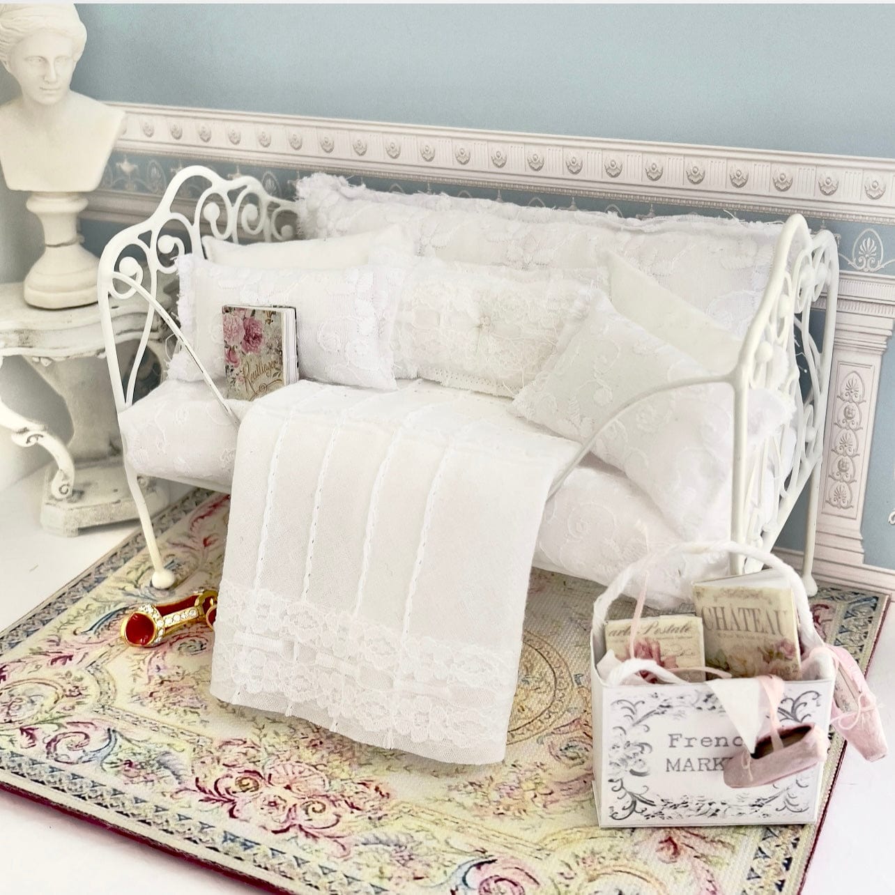 Chantallena Doll House Bedding Day Bed Bedding| White Embroidered Cotton 1:12 Scale Dollhouse Set| White Romance