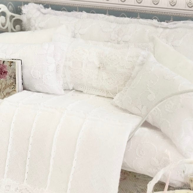 Chantallena Doll House Bedding Day Bed Bedding| White Embroidered Cotton 1:12 Scale Dollhouse Set| White Romance