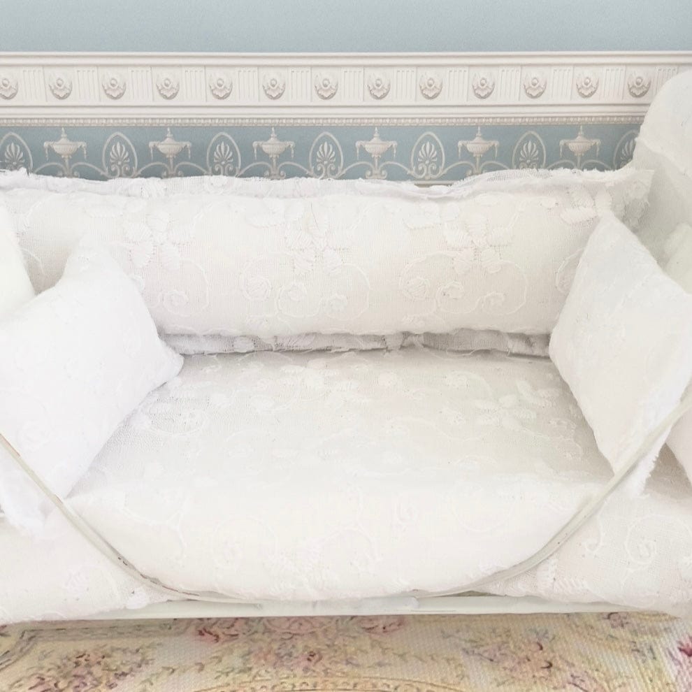 Chantallena Doll House Bedding Day Bed Bedding| White Embroidered Cotton 1:12 Scale Dollhouse Set| White Romance