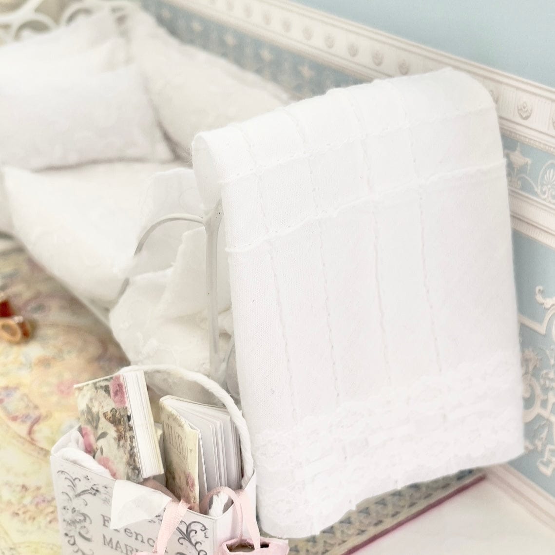 Chantallena Doll House Bedding Day Bed Bedding| White Embroidered Cotton 1:12 Scale Dollhouse Set| White Romance