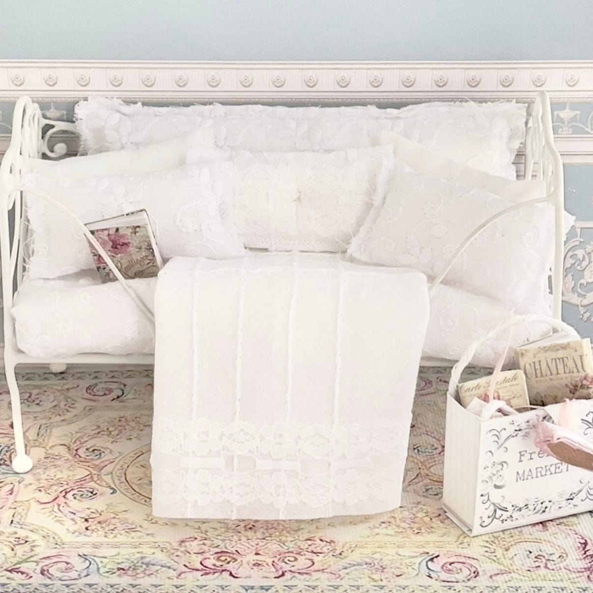 Chantallena Doll House Bedding Day Bed Bedding| White Embroidered Cotton 1:12 Scale Dollhouse Set| White Romance